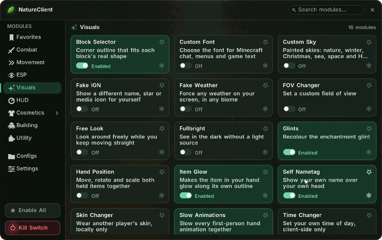 The Nature Client menu on the Visuals page, with Block Selector, Glints, Item Glow and Self Nametag switched on